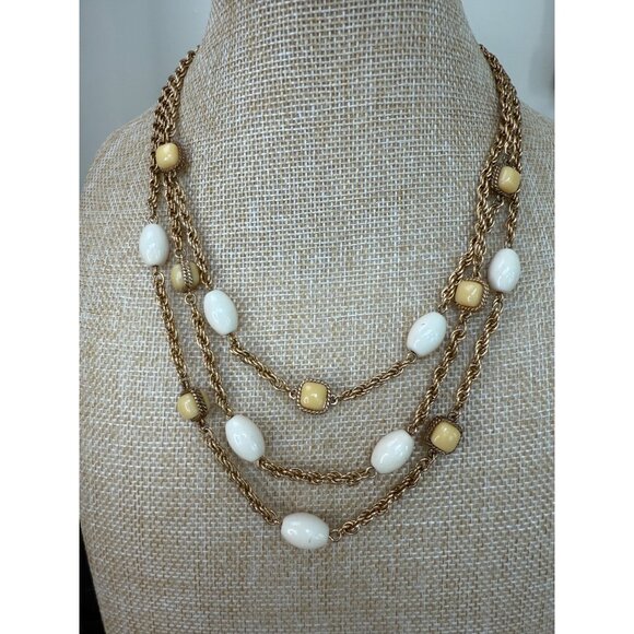 Monet Vintage Gold-Tone Multi-Strand Necklace With Cream & Yellow Beads - Picture 2 of 8